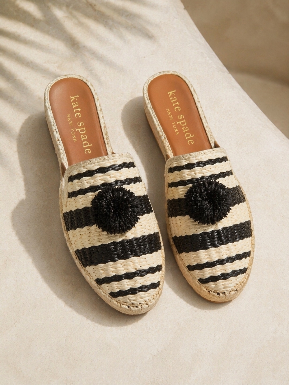 Kate Spade Solero Raffia Espadrille Mules Striped Black Cream Pom Pom Slides - Picture 9 of 9